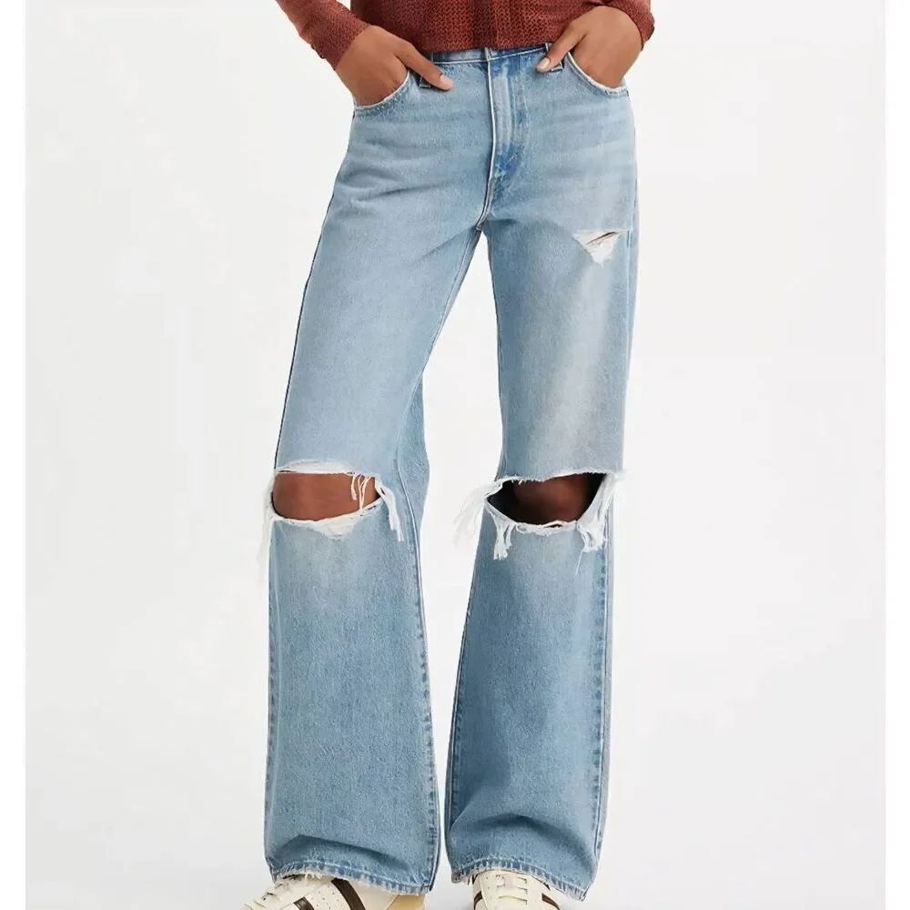 Levi's Jeans Women'sβ23 Light Blue Baggy Bootcut Mid Rise Ripped Knee Cotton